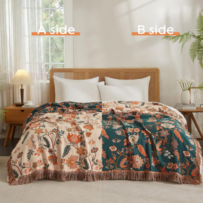 Boho Throw Blanket for Bed 60”x80”, 100% Cotton Woven Blanket for Couch Sofa, Ultra Soft 4-Layer Muslin Quilt with Floral Printed, Farmhouse Bed Blanket/Cover for Living Room Decor