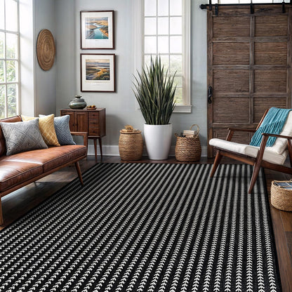 Washable Outdoor Rug 6x9 Modern Area Rugs Outdoor Carpets Striped Pattern Non Shedding Waterproof Easy Clean Patio Deck Porch Living Room Bedroom Garden RV (6 X 9 Black)