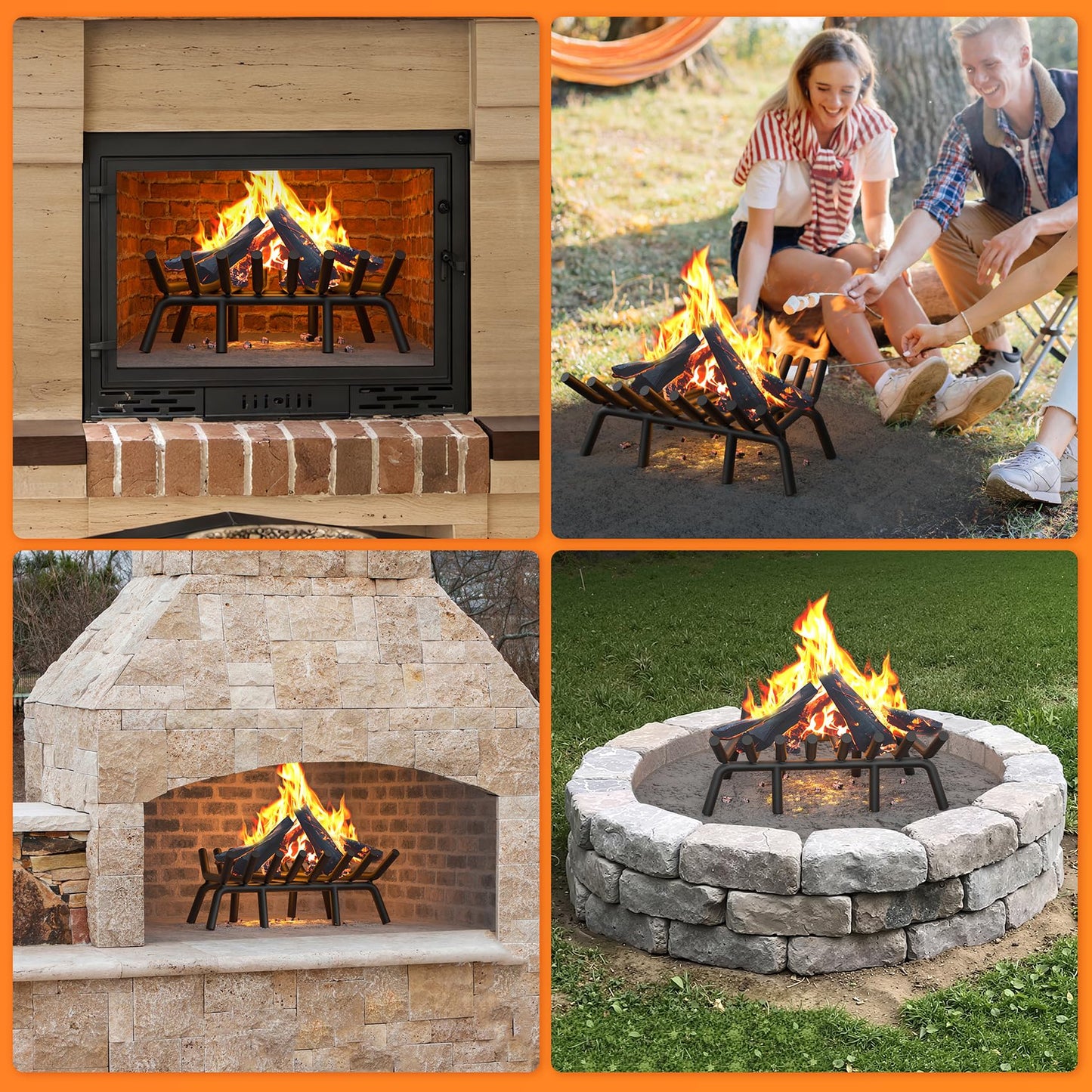 Jusgym Fireplace Grate 24 Inch with 8 Support Legs, Round Solid Steel Heavy Duty Fireplace Log Holder with Fire Tongs & Poker, Fireplace Log Grate for Indoor Fireplace and Outdoor In-ground Firepit