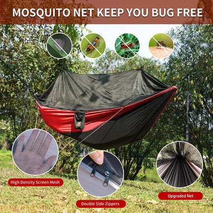 Camping Hammock with Net,Travel Portable Lightweight Hammocks with Tree Straps and Solid D-Shape Carabiners,Parachute Nylon Hammock for Outsides Backpacking Beach Backyard Patio Hiking