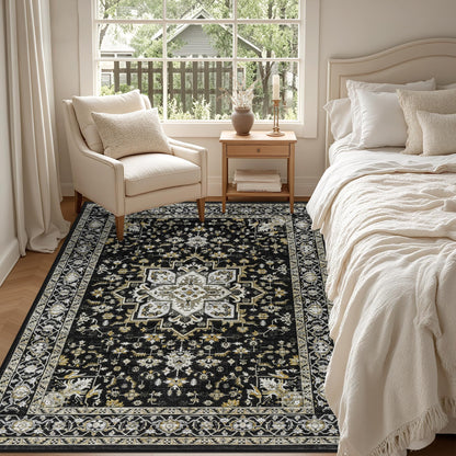 3x5 Area Rugs Living Room Rug: Washable Vintage Boho Medallion Rug No Slip Stain Resistant Soft Carpet Indoor Large Carpets for Bedroom Dining Room Farmhouse Nursery Hallway Home Office Black Gold