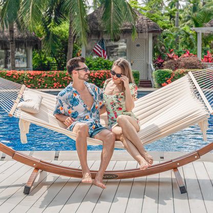 Lazy Daze Hammocks 12 FT Double Quilted Fabric Hammock with Hardwood Spreader Bar, Tassels, Soft Pillow, Chains, 2 Person Hammock for Outside Patio Backyard Poolside, 450 LBS Weight Capacity, Cream
