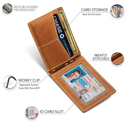 SERMAN BRANDS RFID Blocking Wallet Slim Bifold - Genuine Leather Minimalist Front Pocket Wallets for Men with Money Clip Gift (California Desert)