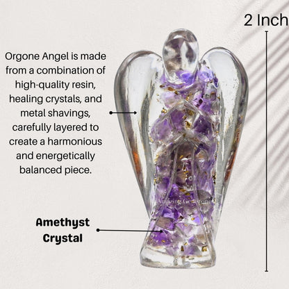 Amazing Gemstone Amethyst Guardian Angel Figurine Pocket Crystal Angel for Protection - Orgone Guardian Angel with Orgonite Layer and Natural Crystal for Healing Gift (2 Inch, Organite)