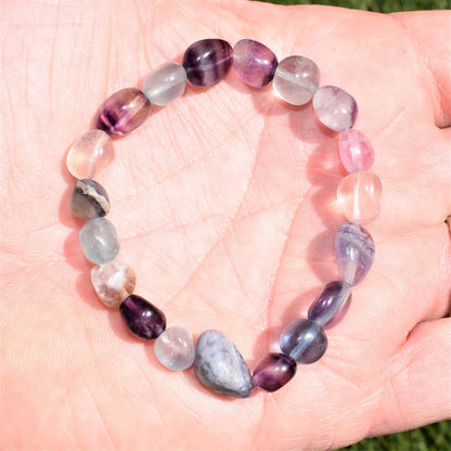 CHARGED Rainbow Fluorite Crystal Bracelet Tumble Polished Stretchy + Selenite Heart Charging Crystal Included Increase Clarity & Focus, Remove Energy Blocks & Cleanse Your Aura) HEALING ENERGY)