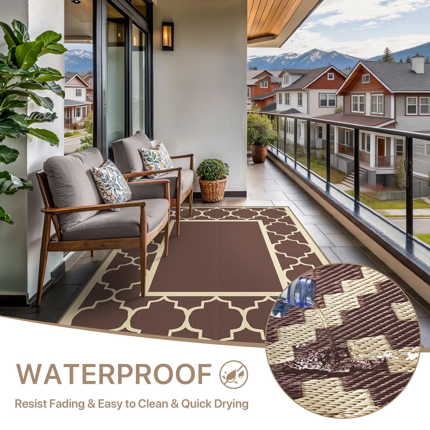 GENIMO 9' x 12' Outdoor Rug Waterproof for Patio Decor, Foldable Reversible Plastic Straw Area Rugs Mat for Camper, Outside Carpet for Rv, Deck, Porch, Picnic, Beach, Balcony, Coffee & Beige