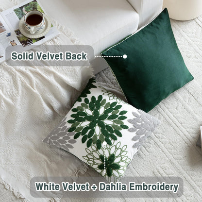 Tikeciti Embroidered Forest Green Grey Dahlia Pillow Covers, Dark Green Soft Velvet 18 x 18 Inch Throw Pillows Modern Elegant Geometric Pillowcase Decorative Cushion Case for Sofa Living Room Bedroom