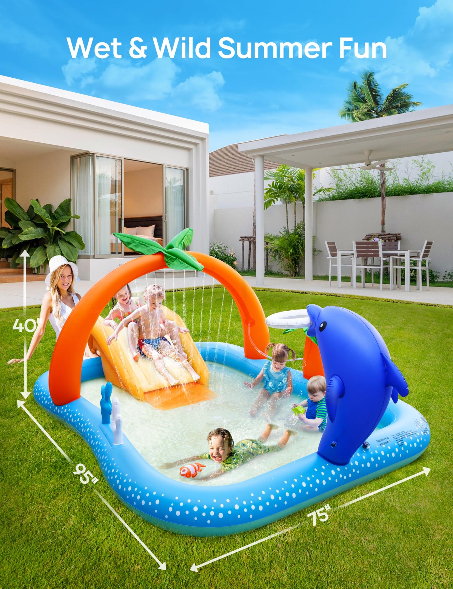 Andola Inflatable Play Center, Kiddie Pool with Slide & Sprinkler – 95"x75"x40" Outdoor Blow-Up Splash Pad Pools for Toddlers Ages 2+, Backyard Kids Water Slide for Summer Fun