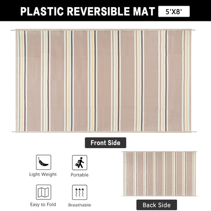 PureCozy Outdoor Waterproof 5x8 Rug for Patio Reversible Plastic Straw Beige Striped Camping Mat Outside Lightweight Large Floor Mat for RV Deck Beach Balcony Picnic Backyard Entry Porch