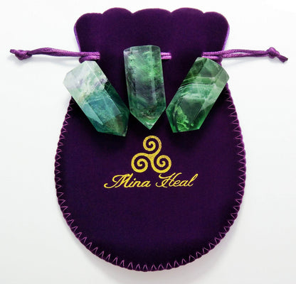 Set of 3 Pointed & Faceted Healing Crystal Wands Made of Natural Green Fluorite Stone for Reiki Chakra Meditation Therapy Décor