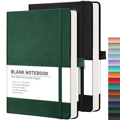 RETTACY Blank Journal Notebook, 2-Pack, 192 Pages per Pack, A5 Medium Size (5.7'' x 8.3''), Leather Hardcover, 100 GSM Thick Paper, for Sketching, Drawing, Painting (Black & Dark Green)