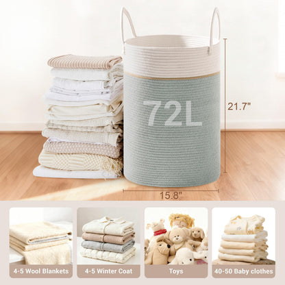 SunNewt Tall Laundry Basket with Handles, 72L Portable Dirty Clothes Hamper, Boho Cotton Rope Storage Bin for Blankets Kids Toys Gifts, Large Organizer for Baby Nursery Bedroom Bathroom, Sage Green