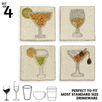 Folkulture Coasters Set of 4 (4")| Beaded Cocktail Handmade Square Drink Coasters for Coffee Table & Bar | Boho Home & Party Décor | Hand-Crafted Cute Coasters for Housewarming Gifts
