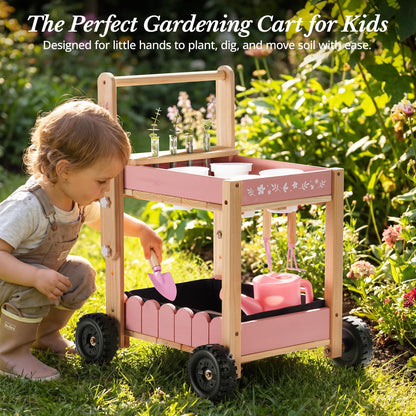 ROBOTIME Kids Gardening Tools with Cart Wheelbarrow - Wooden Outdoor Garden Toys Set with Watering Can, Shovel, Hand Rake & Plant Labels, Outdoor Backyard Play Toys for Toddler Gift (Pink)