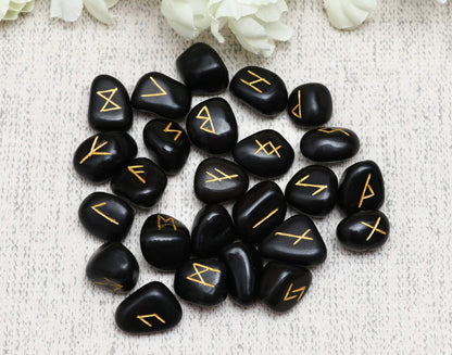 Crocon Black Tourmaline Gemstone Elder Futhark Alphabet Engraved Symbol Rune Stone 25 pcs Set for Feng Shui Chakra Balancing Reiki Healing Spiritual Metaphysical Size: 2025 mm