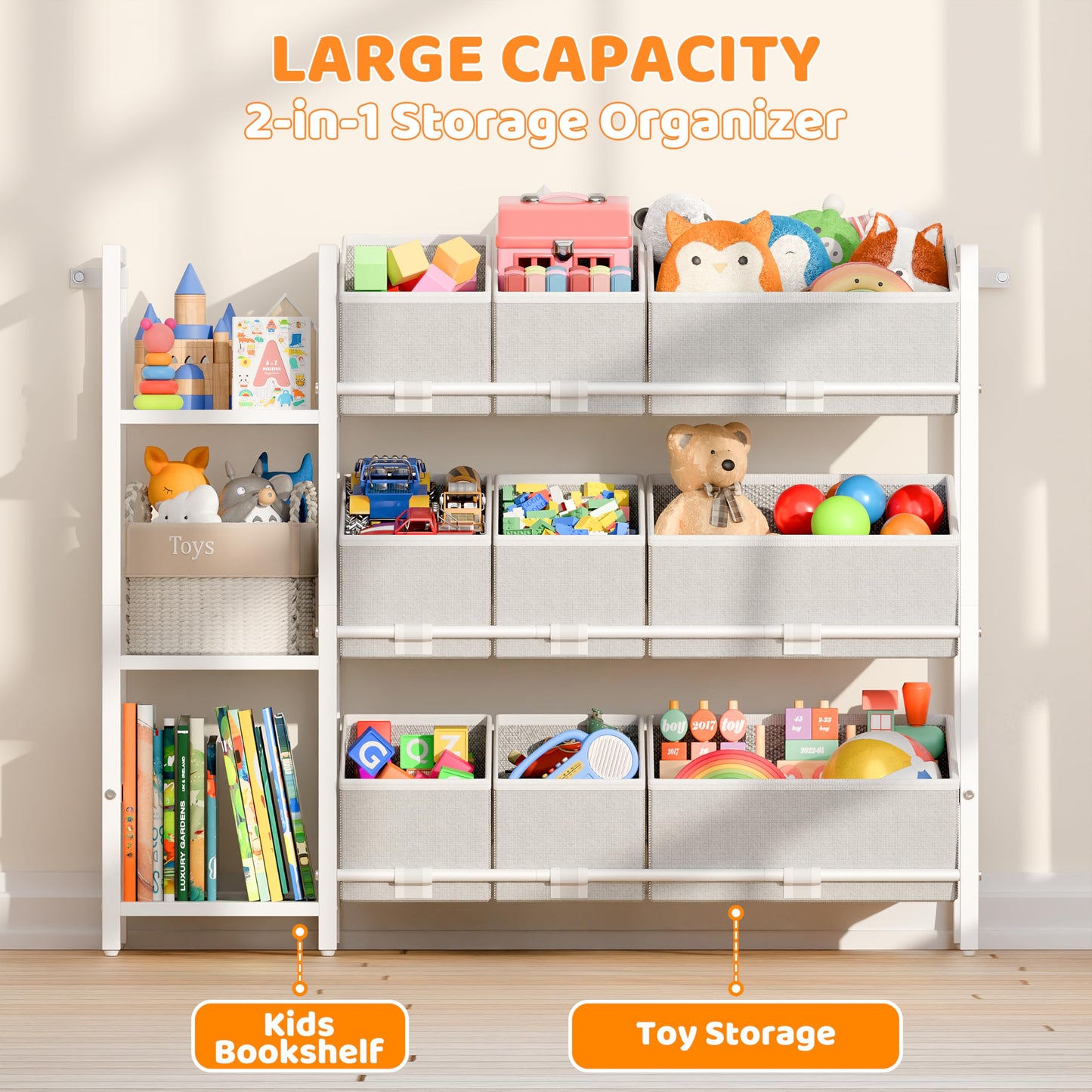 CODACE Kids Toy Organizers and Storage - Toy Shelf for Playroom， Kids Room and Living Room Organization, Toddler Toy Bins for Kids Organizer，Kids Bookshelf and Toy Storage, White, Easy to Assemble