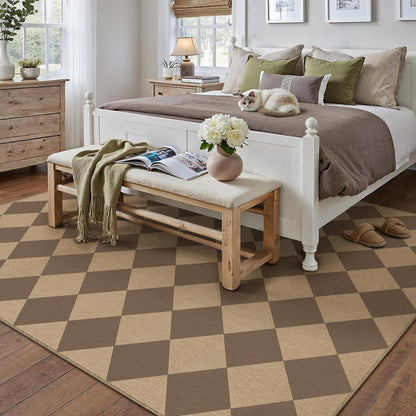 PureCozy 8x10 Checkered Easy Jute Area Rug for Living Room Large Checkerboard Washable Indoor Outdoor Carpet Farmhouse Patio Office Mat Geometric Non Slip Brown Carpet for Backyard Dining Room