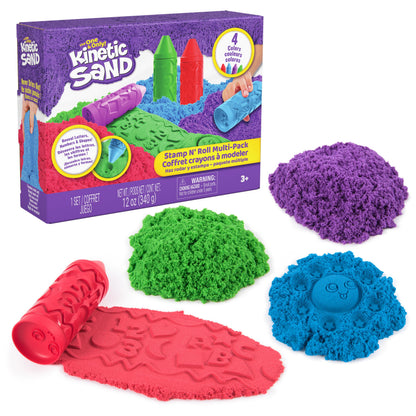 Kinetic Sand, Stamp N' Roll Crayon Multi-Pack with 12 oz Purple, Green, Blue & Red Play Sand, Toddler Toys, Arts and Crafts Kids Toys for Girls & Boys Ages 3 and up
