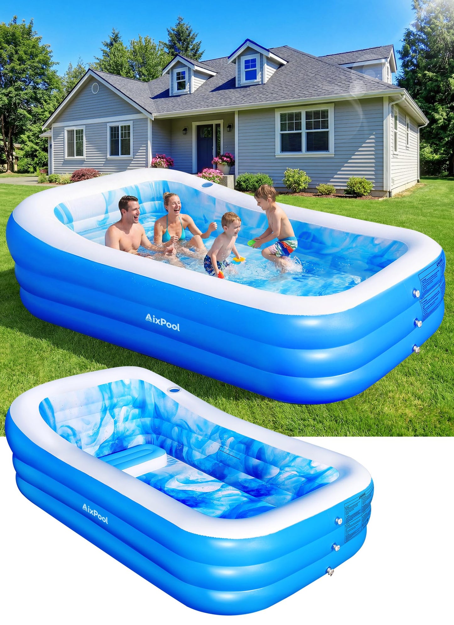AixPool Inflatable Pool with Seats and Headrest,Oversized Thickened Large Blow Up Pool for Audlt,Inflatable Backyard Pools for Adult,Durable Swim Center Inflatable Family Lounge Pool 98"x63"x21.6"