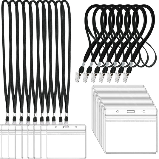 100Pcs Clear Plastic Horizontal Name Tags Badge ID Card Holders and 100Pcs Black Lanyards with Clip lanyards for id Badges (Black)