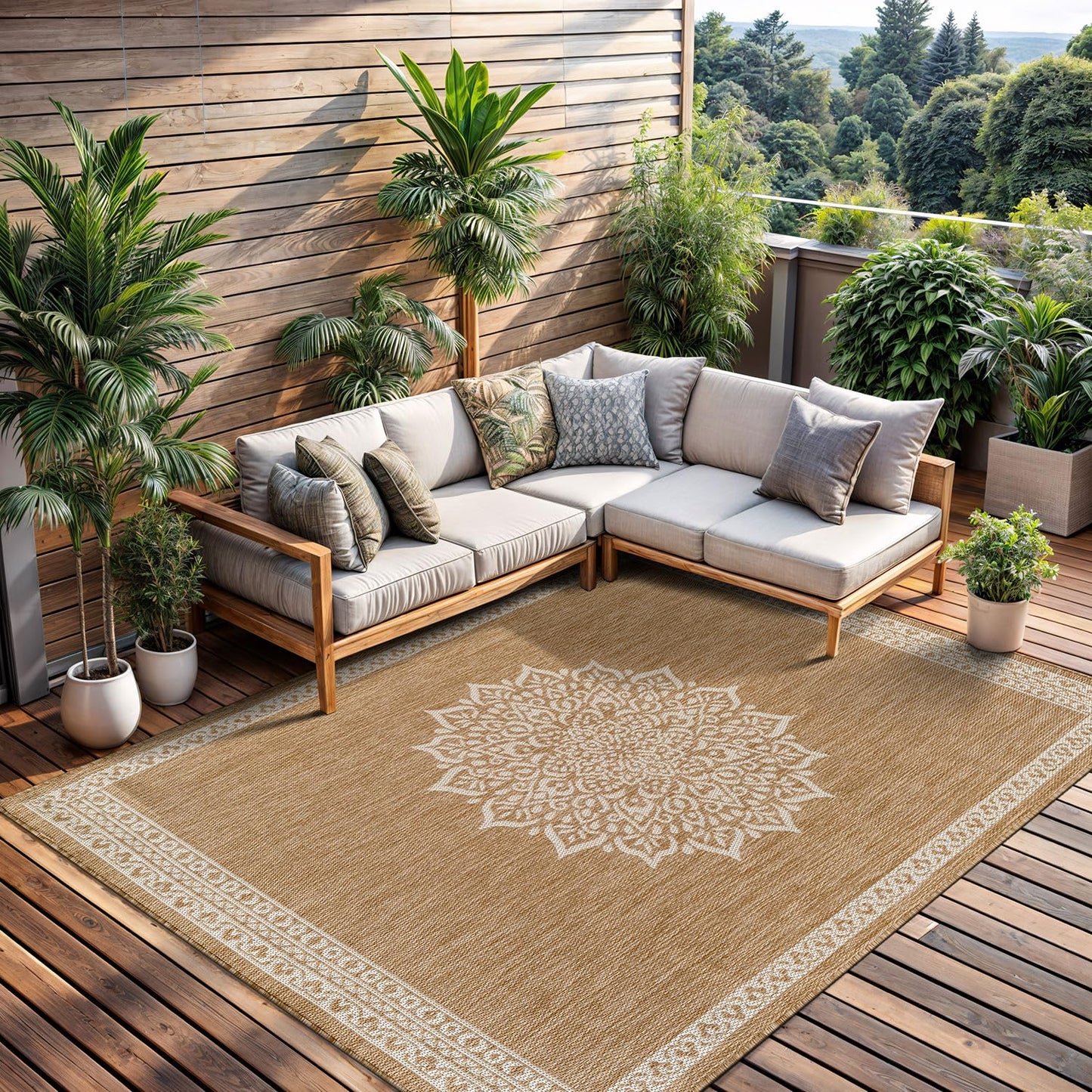 CAMILSON Outdoor Rug 10x14 Medallion Natural Modern Large Area Rugs for Indoor and Outdoor Patios Kitchen and Hallway Mats Washable Porch Deck Outside Carpet (Medallion Natural 10 x 14)