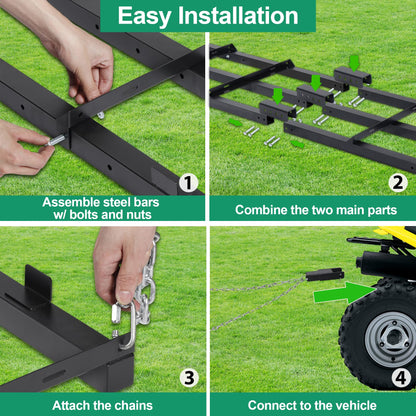 Toriexon 6 FT Drag Harrow Driveway Grader, Heavy Duty Power Rake w/ 5 FT Chain, Tow Behind Lawn Rake for ATV, UTV, Tractor, Mower, Land Leveler for Gravel, Sand, Soil, Hay