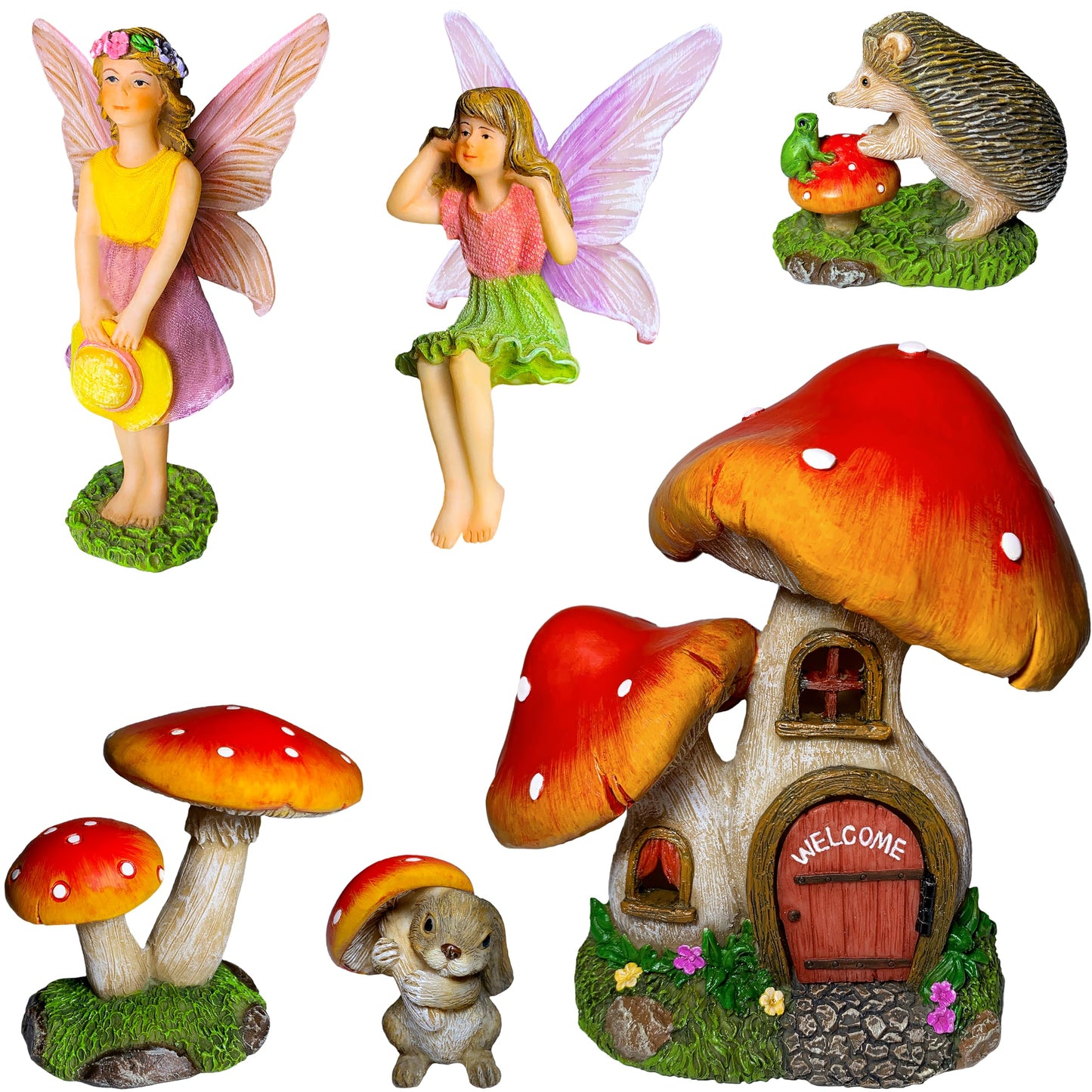 Mood Lab Fairy Garden Figurines - Mushroom House Set (6 pcs) - Miniature Decorative Statues & Accessories - Outdoor & Indoor Garden Decor