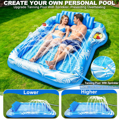 83" X 60" Inflatable Tanning Pool Lounger Float with Sprinkler, Extra Large Pool Float Adults with Pillow, 6 in 1 Suntan Tub Raft Floatie Toys with Drink Holder Sunbathing Water Filled Tanning Bed