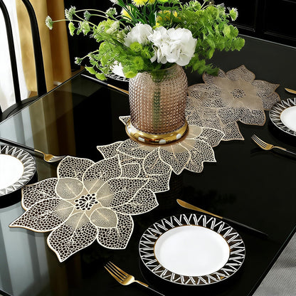 FAVE Gold Table Runner 36 Inches Flower Shaped Dining Table Runner Waterproof Washable for Wedding Banquet Birthday Party Restaurant Decor and Daily Ues(Gold Flower Shaped)