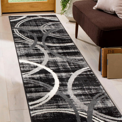 Rugshop Modern Wavy Circles Design Runner Rug, Non-Shedding Carpet for Hallway, Entryway, or Kitchen, Black, 2' x 7'2"