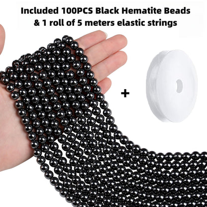 QINJIEJIE 100PCS Black Hematite Beads 8mm Natural Stone Beads Round Loose Gemstone Bead for Bracelet Beading Crystal Jewelry Making DIY Necklace Earrings 0.32"