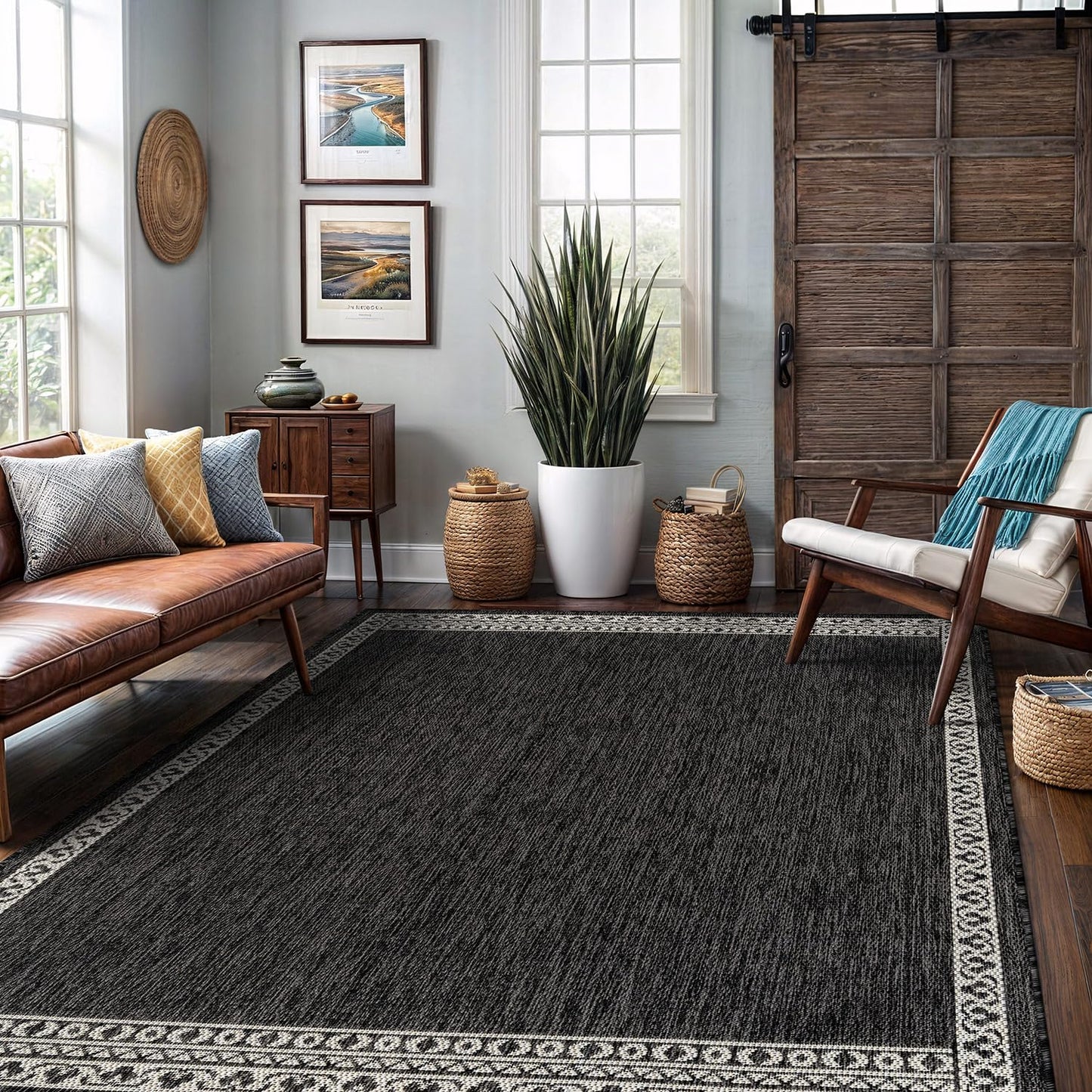 Washable Outdoor Rug 8x10 Modern Area Rugs Outdoor Carpets Bordered Pattern Non Shedding Waterproof Easy Clean Patio Deck Porch Living Room Bedroom Garden RV (8 X 10 Dark Gray)