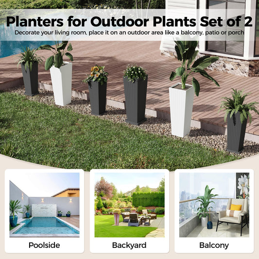 Set of 2 Tall Planters for Outdoor Plants, Large Outdoor Planters for Porch, Plant Pots for Trees Flowers, All-Weather Use with Drainage Holes for Indoor, Porch, Patio, Backyard, (24" & 32"), White