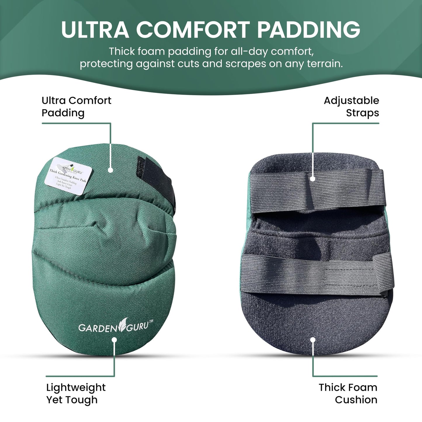 Garden Guru Cushioned Gardening Knee Pads with Adjustable Straps - Soft Inner Liner, Ultra Comfort Padding, Garden Kneelers for Yard Work, Cleaning, Household Chores, Roofing, and More 1 Pack