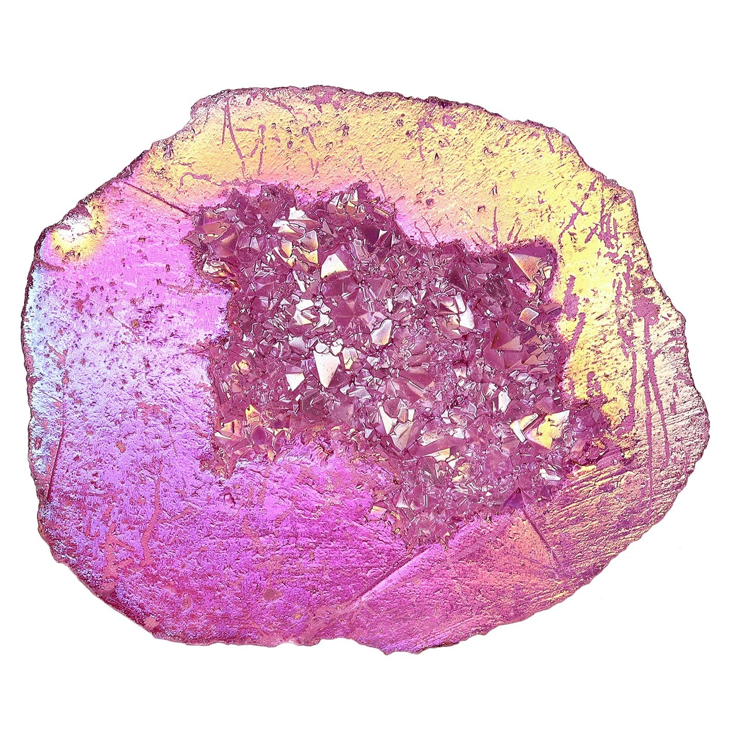 SUNYIK Natural Rainbow Titanium Coated Quartz Geode Quartz Crystal Cluster Specimen for Home Office Decoration Reiki Healing Meditation, 100-200g(0.2-0.4lb), Rose Red