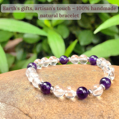 Atminafays 8MM Healing Crystal Bracelet - Amethyst & Clear Quartz | Natural Stone Energy Jewelry for Anxiety Relief and Stress & Positive,adjustable 6.5-8"
