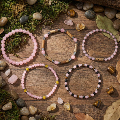 SHINUS BOHO Rose Quartz Beaded Stack Bracelet for Women,Natural Pink Crystal Beads Boho Multi-Layer Stretch Bracelet, Stackable Tiger Eye Picture Jasper Jewelry Gift for Her Love Harmony