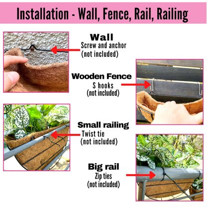 LaLaGreen Wall Hanging Planters, 6 Pack, 12 Inch Balcony Flower Baskets with Coco Liner Outside, Outdoor Vertical Garden, Fence Pots Holder Half Round Semi Circle Rail Railing Deck Porch Balcony Patio