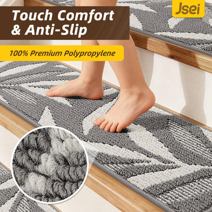 JSEI Stair Treads for Wooden Steps with 3D Leaf Pattern, 14 Pack 9" X 28" Carpet Stair Treads Non-Slip Indoor with TPE Backing, Machine Washable Stair Runners for Kids Elders and Pets, Grey