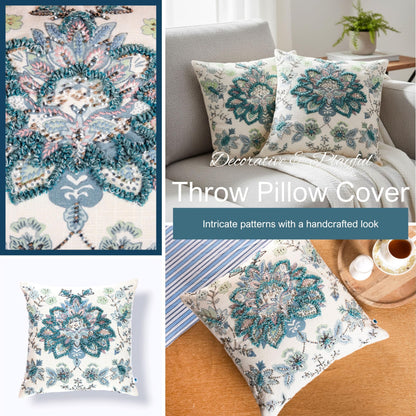 FINGERCRAFT Decorative Throw Pillow Cover Pack of 2 Soft Cotton Embroidered Cushion Cover, Couch Sofa Living Room Pillow Case 18 X 18 Inch Blue Meadow
