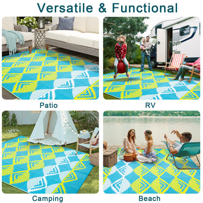 Beeiva Outdoor Rugs 8x10 Waterproof, Modern Geometric Reversible Plastic Straw Patio Mat, Large Foldable Outside Rug for Camping, Porch, Deck, Backyard, Balcony, Picnic - Blue & Yellow