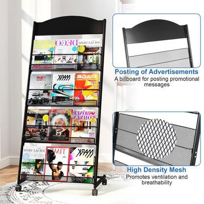 Qriocioa Brochure Display Stand 4 Layer Floor-Standing Magazine Rack Literature Newspaper Catalog Display Holder with Wheels and Top Billboard for Exhibitions,School, Hotel, Hospitals, Offices (Black)