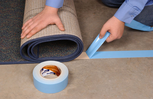 Shurtape DF 545 Double-Sided Carpet and Duct Tape, Sticks to Hardwood, Concrete, Tile and More, Natural with Blue Liner, 48mm x 33 Meters, 1 Roll (152496)