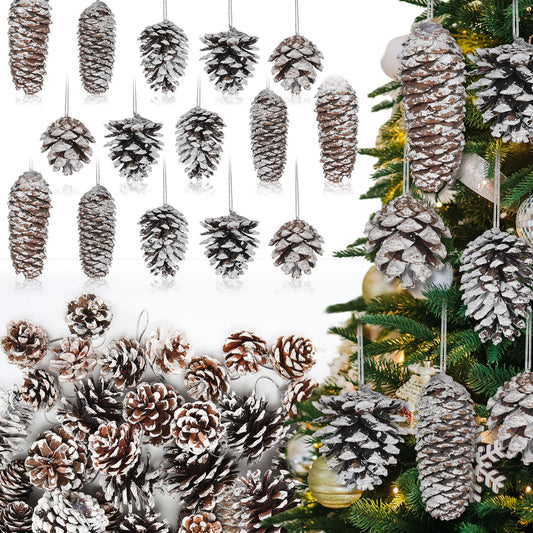 Giegxin 80 Pcs Winter Natural Pine Cones Ornaments 1.5-3.9inch Snow Frosted Pinecones for Crafts with String Bulk Xmas Tree Hanging Pendant Winter Holiday Decoration for DIY Gift Vase Filler Party