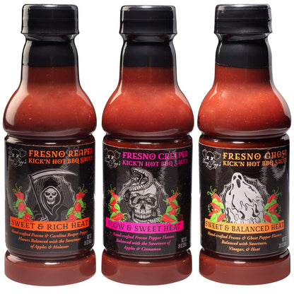 Tony Pigg's Kick'n Hot BBQ Sauce Variety Pack (3 pk, 19oz ea- Fresno Reaper, Ghost, Creeper)- Hand Crafted Barbecue Sauce w Fresh Pepper Heat -Great for Burgers, Ribs & Wings- Grilling Gift for Men