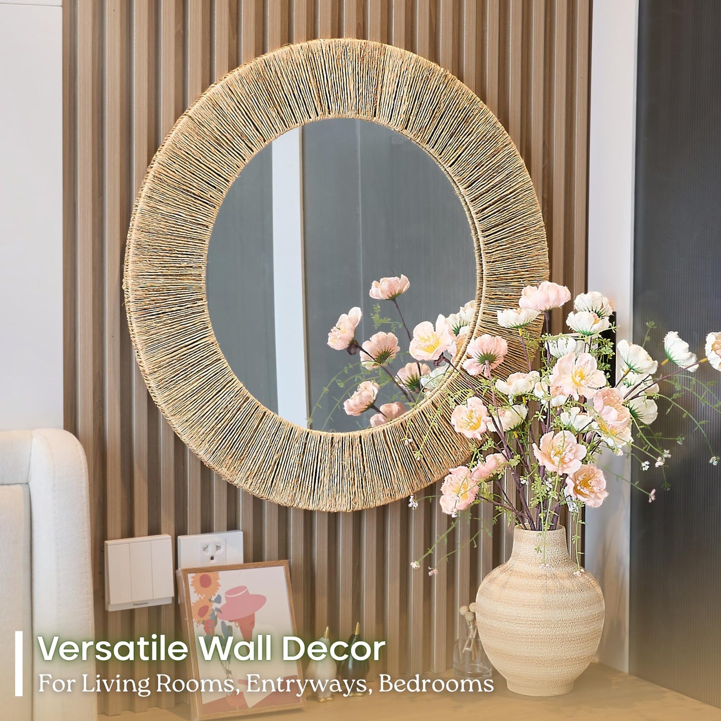 Chi An Home 24 Inch Natural Jute Mirror, Wall Mounted Round Mirror with Metal Frame, Wall Decor Rustic Farmhouse Boho Decor Accent for Bathroom, Bedroom, Living Room, or Entryway