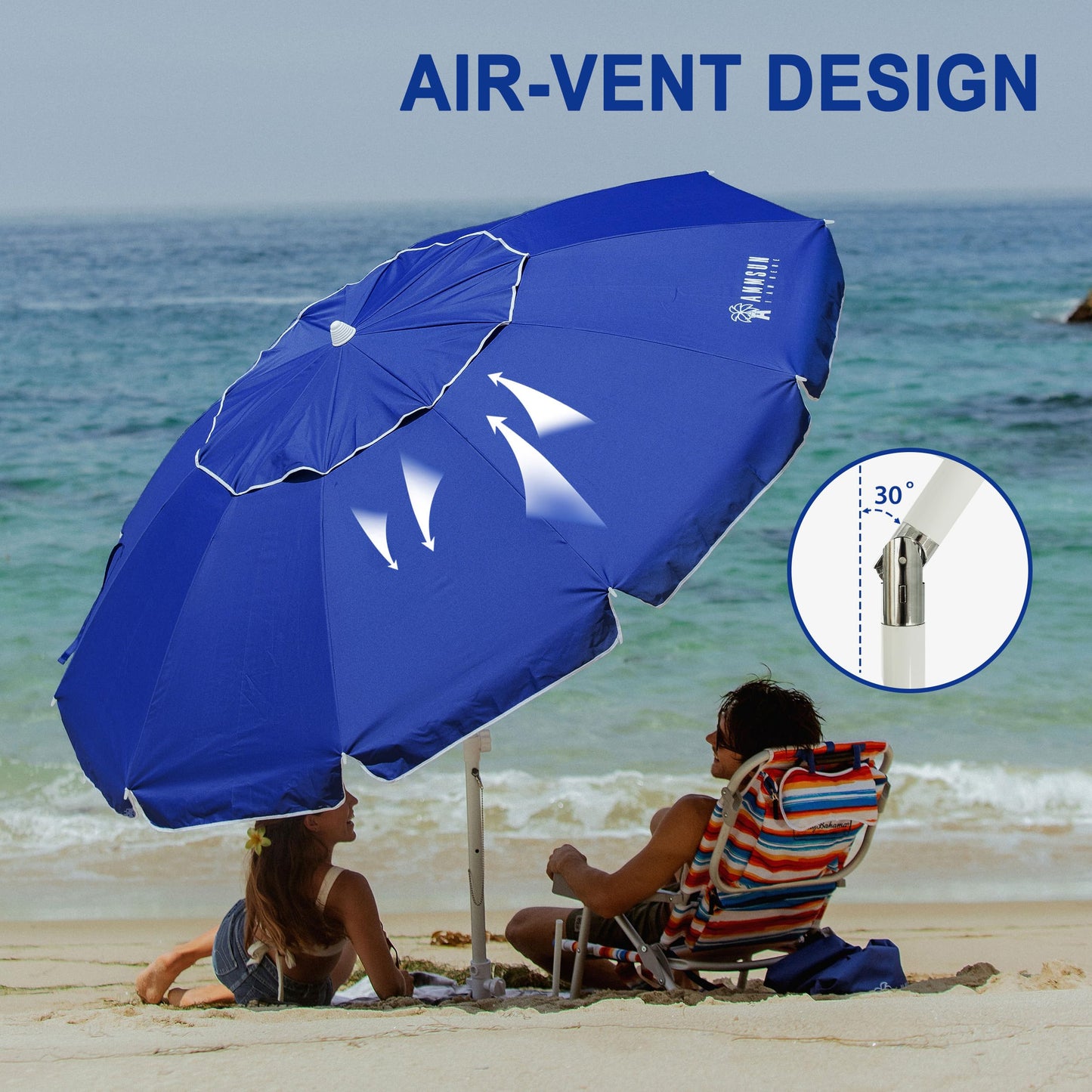 AMMSUN 8 Feet Large Beach Umbrella with Sand Anchor Heavy Duty High Wind Portable Outdoor Umbrellas UPF 50+ Protection Air Vent Tilt Patio Garden Pool Blue