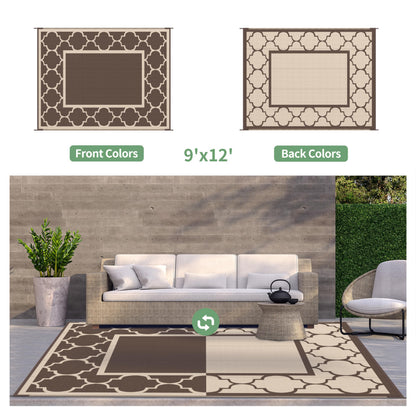 GENIMO 9' x 12' Outdoor Rug Waterproof for Patio Decor, Foldable Reversible Plastic Straw Area Rugs Mat for Camper, Outside Carpet for Rv, Deck, Porch, Picnic, Beach, Balcony, Coffee & Beige
