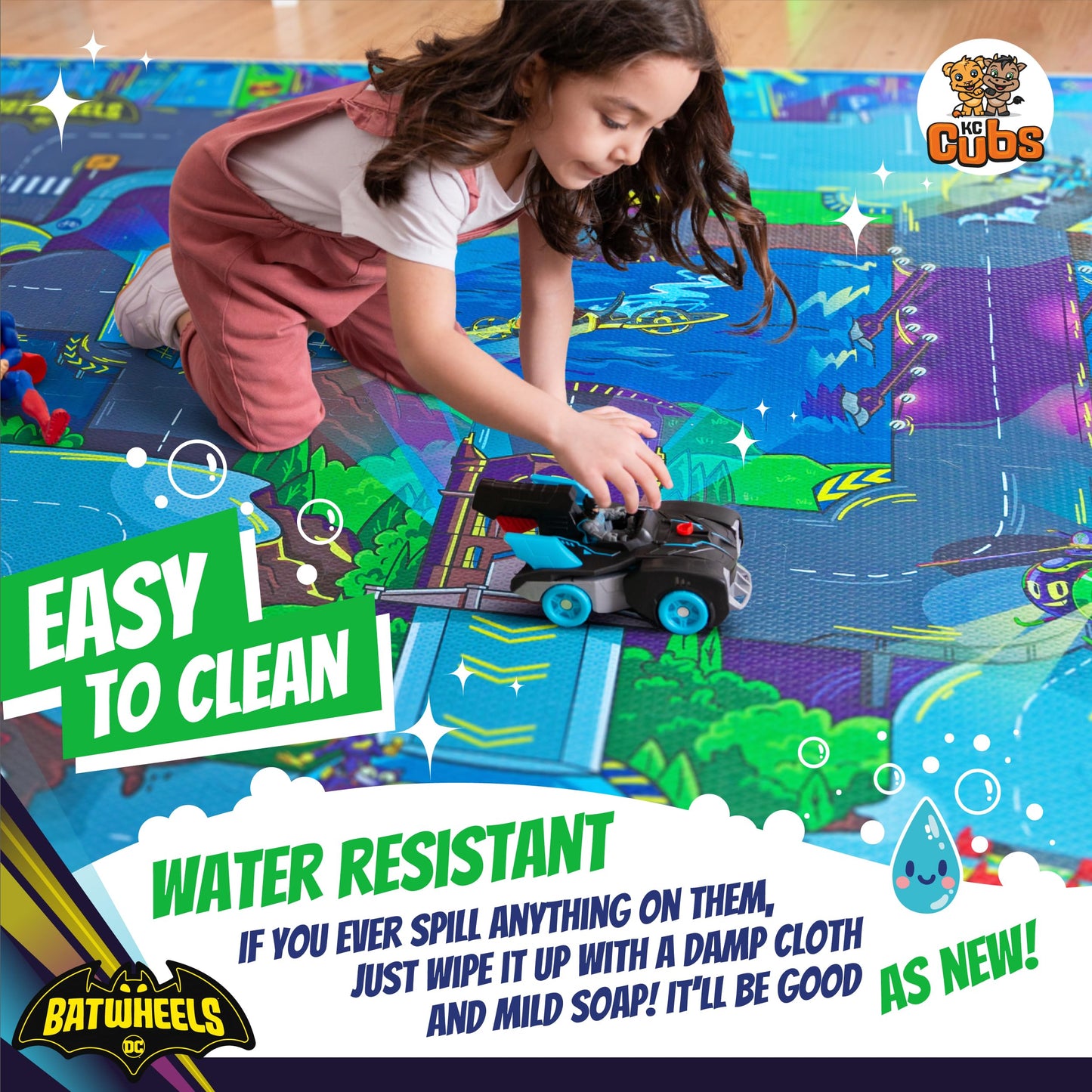 Batwheels EVA Foam Puzzle Mat - Soft, Non-Toxic Baby Play Mat for Tummy Time, Kids Preschool & Nursery - 16 Tiles, 12x12”, 24 Borders - Road Activity Gym Playmat for Boy & Girl Toddlers - KC Cubs