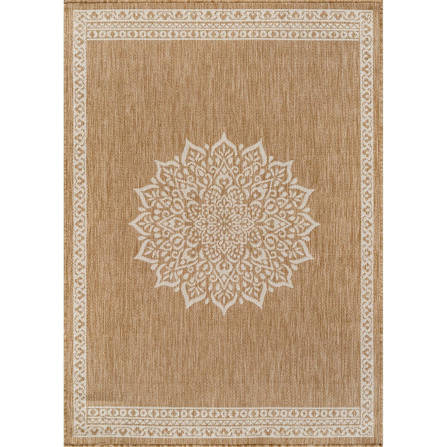 CAMILSON Outdoor Rug 10x14 Medallion Natural Modern Large Area Rugs for Indoor and Outdoor Patios Kitchen and Hallway Mats Washable Porch Deck Outside Carpet (Medallion Natural 10 x 14)